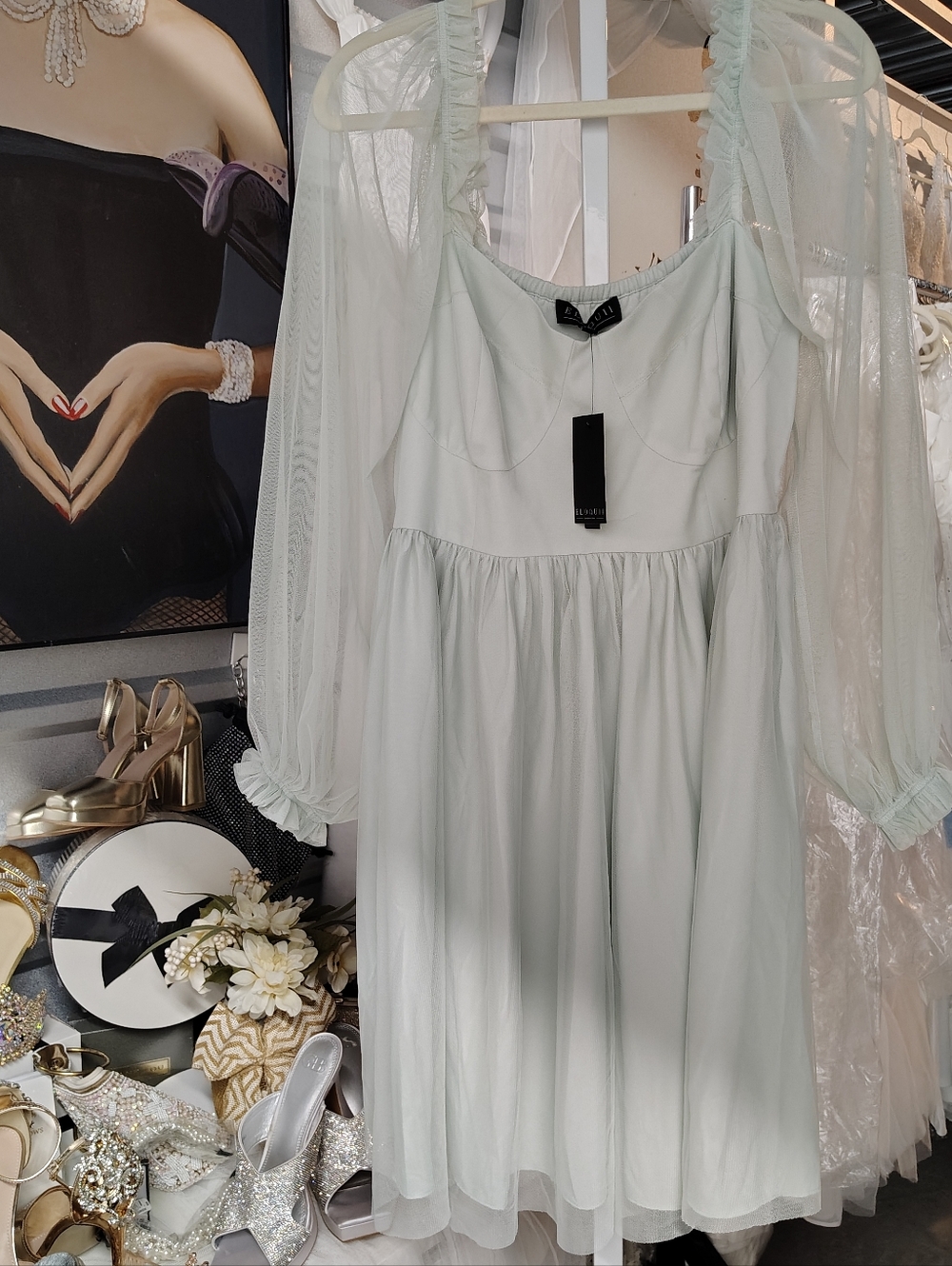Eloquii Sweetheart Tulle Mini Dress Mint Green Sheer Sleeve Fit Flare 14 NWT - Picture 3 of 7